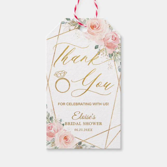 Chic Blush Floral Gold Geometric Bridal Shower Gift Tags | Zazzle