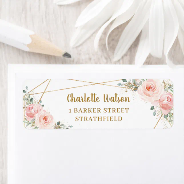Chic Blush Floral Gold Geometric Return Address Label | Zazzle