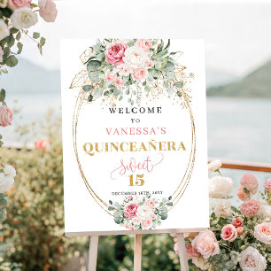 Chic blush floral gold pastel quinceañera welcome poster