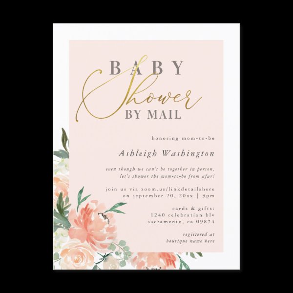Chic Blush Floral Gold Script Baby Shower By Mail Invitation Postcard