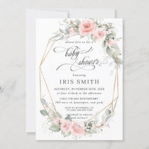 Chic Blush Floral Greenery Baby Shower Geometric Invitation