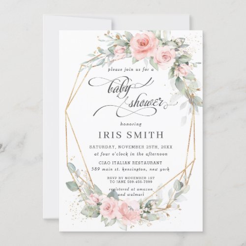 Chic Blush Floral Greenery Baby Shower Geometric Invitation