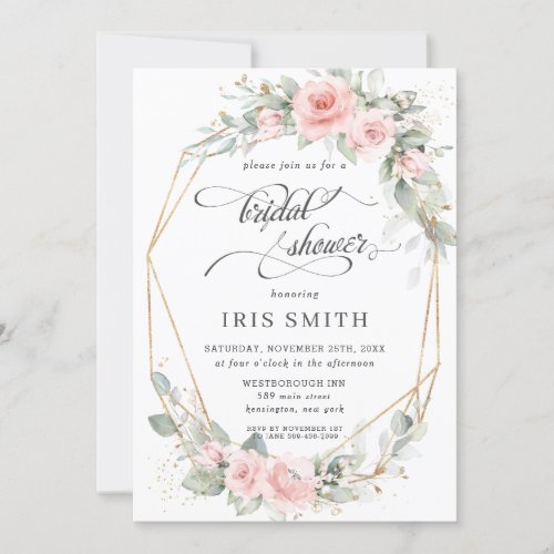 Chic Blush Floral Greenery Bridal Shower Geometric Invitation