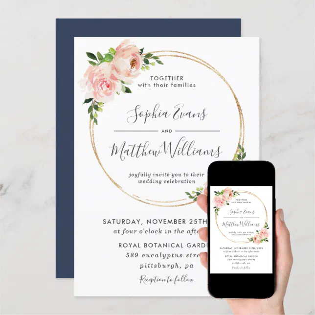 Chic Blush Floral Greenery Gold Frame Wedding Invitation Zazzle