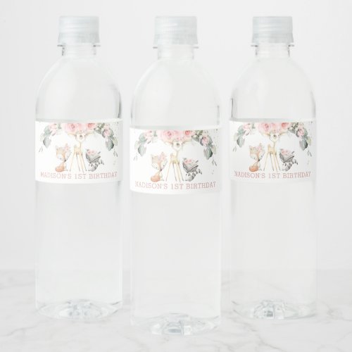Chic Blush Floral Greenery Woodland 1st Birthday Water Bottle Label