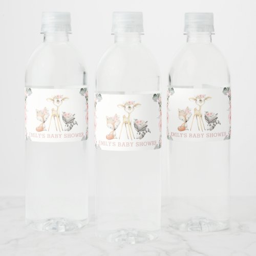Chic Blush Floral Greenery Woodland Baby Shower Water Bottle Label
