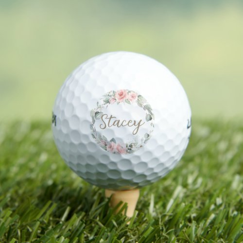 Chic Blush Floral Greenery Wreath Initial Name Golf Balls