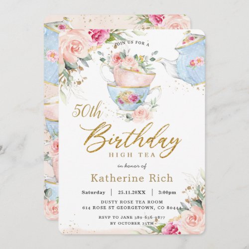 Chic Blush Floral High Tea Birthday Party ANY AGE  Invitation
