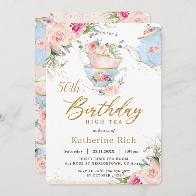 Chic Blush Floral High Tea Birthday Party ANY AGE  Invitation (Front/Back)