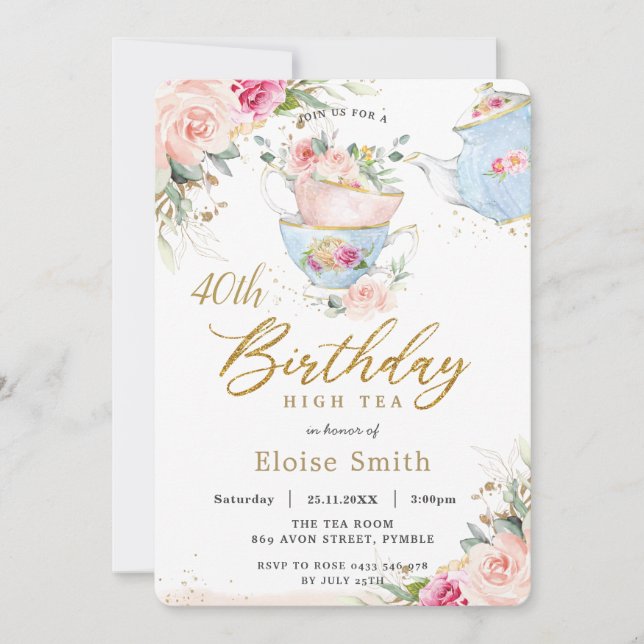 Chic Blush Floral High Tea Birthday Party ANY AGE Invitation (Front)