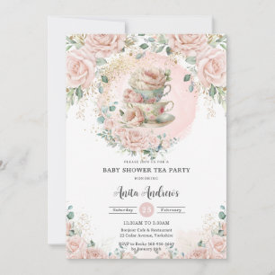 Chic Blush Floral High Tea Party Baby Shower Invitation