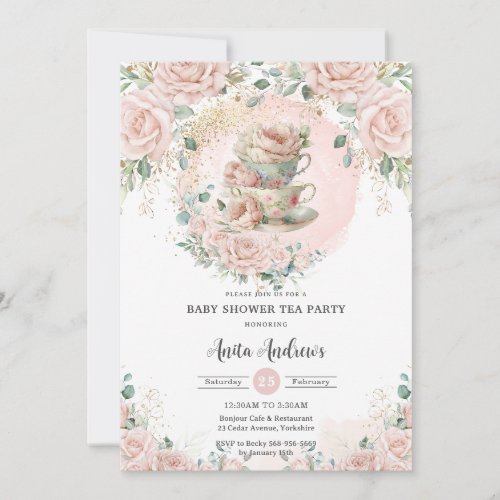 Chic Blush Floral High Tea Party Baby Shower  Invitation