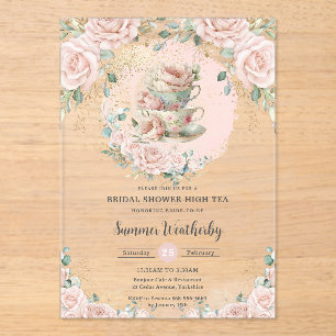 Chic Blush Floral High Tea Party Bridal Shower Acrylic Invitations