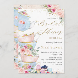 Chic Blush Floral High Tea Party Bridal Shower Invitation