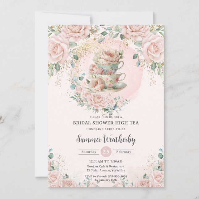 Chic Blush Floral High Tea Party Bridal Shower  Invitation (Front)