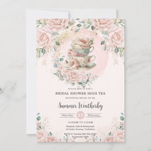 Chic Blush Floral High Tea Party Bridal Shower  Invitation