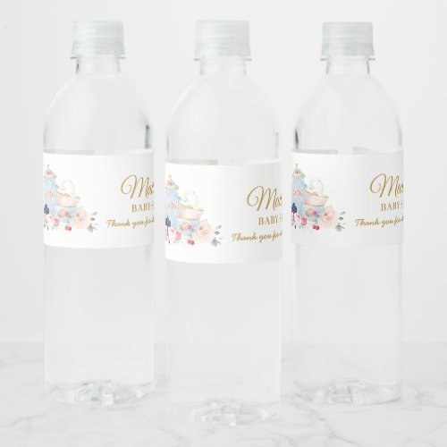 Chic Blush Floral High Tea Party Girl Baby Shower Water Bottle Label