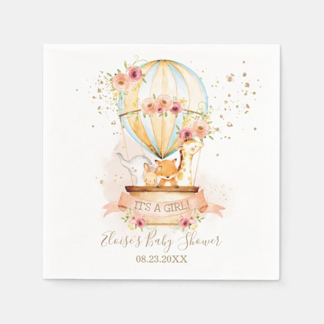 Chic Blush Floral Hot Air Balloon Baby Animals Napkins (Front)