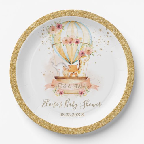 Chic Blush Floral Hot Air Balloon Baby Animals  Paper Plates