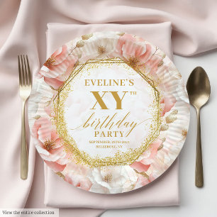 Chic Blush Floral Ivory Gold Birthday Paper Plates