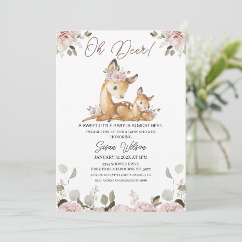 Chic Blush Floral Oh Deer Baby Shower Invitation