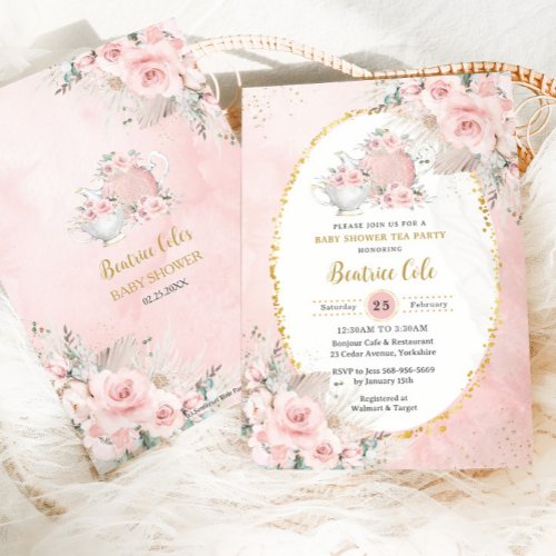Chic Blush Floral Pampas Tea Party Baby Shower  Invitation