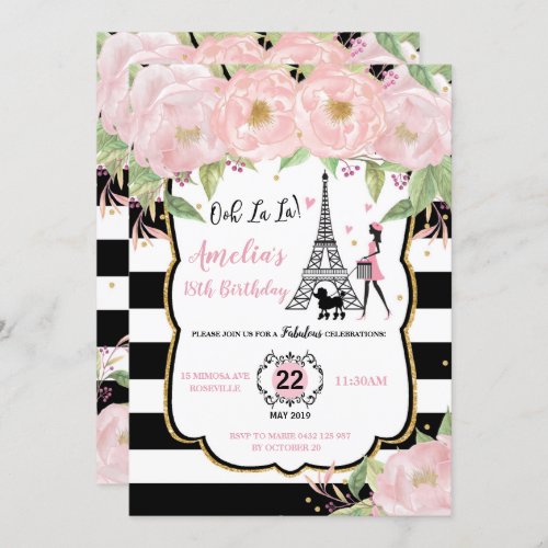 Chic Blush Floral Paris Birthday Eiffel Tower Invitation