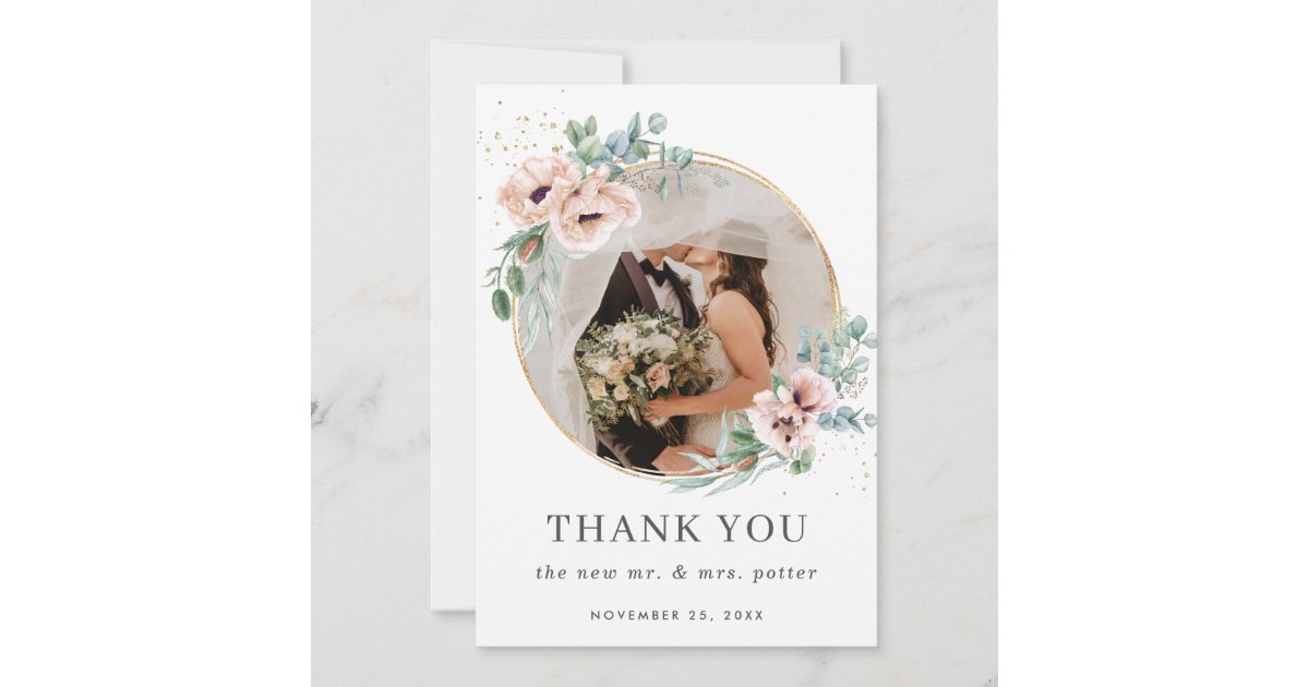 Chic Blush Floral Poppy Greenery Photo Wedding Thank You Card | Zazzle