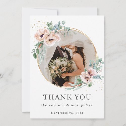 Chic Blush Floral Poppy Greenery Photo Wedding Thank You Card