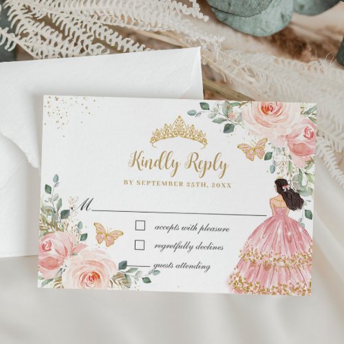 Chic Blush Floral Princess Quinceaera Gold Crown RSVP Card