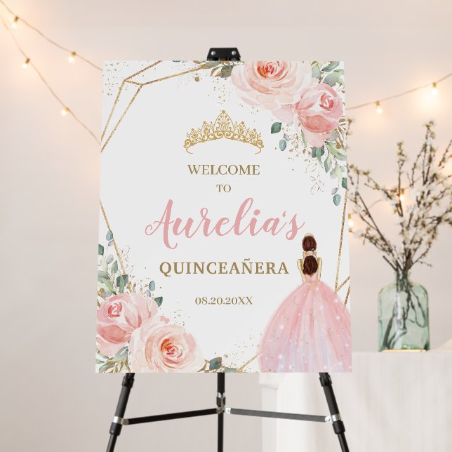 Chic Blush Floral Quinceañera Mis Quince Welcome  Foam Board (In Situ (Stand))