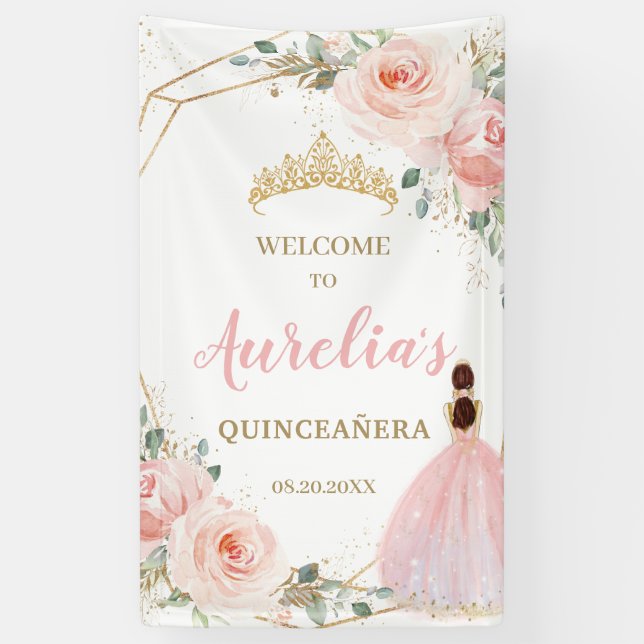 Chic Blush Floral Quinceañera Welcome Backdrop  Banner (Vertical)