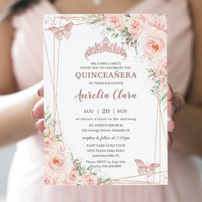 Chic Blush Floral Rose Gold Butterfly Quinceañera Invitation | Zazzle