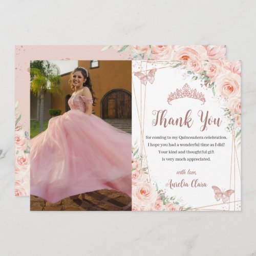Chic Blush Floral Rose Gold Butterfly Quinceaera Thank You Card