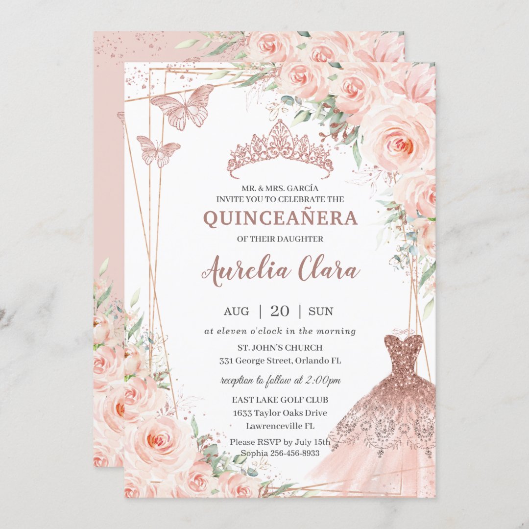 Chic Blush Floral Rose Gold Dress Gown Quinceañera Invitation | Zazzle