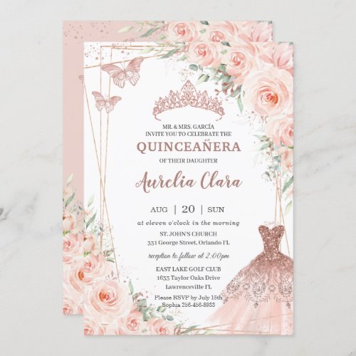 Chic Blush Floral Rose Gold Dress Gown Quinceaera Invitation