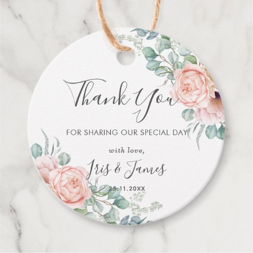 Chic Blush Floral Roses Greenery Wedding Thank You Favor Tags