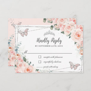 Chic Blush Floral Silver QUINCEAÑERA Butterflies RSVP Card