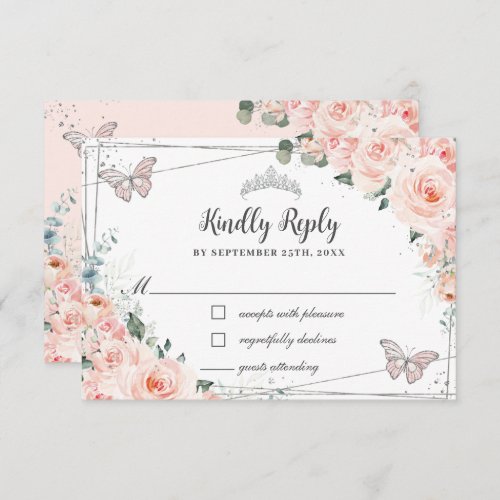 Chic Blush Floral Silver QUINCEAERA Butterflies RSVP Card