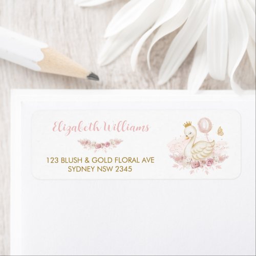 Chic Blush Floral Swan Princess Return Address Label