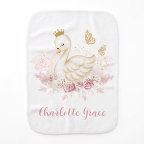 Chic Blush Floral Swan Princess with Butterflies Baby Burp Cloth