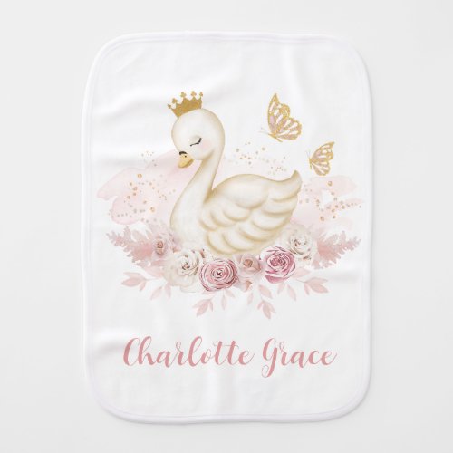 Chic Blush Floral Swan Princess with Butterflies Baby Burp Cloth