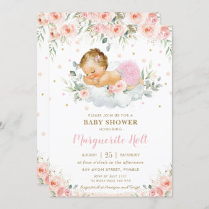 Chic Blush Floral Sweet Sleeping Baby Girl Shower Invitation