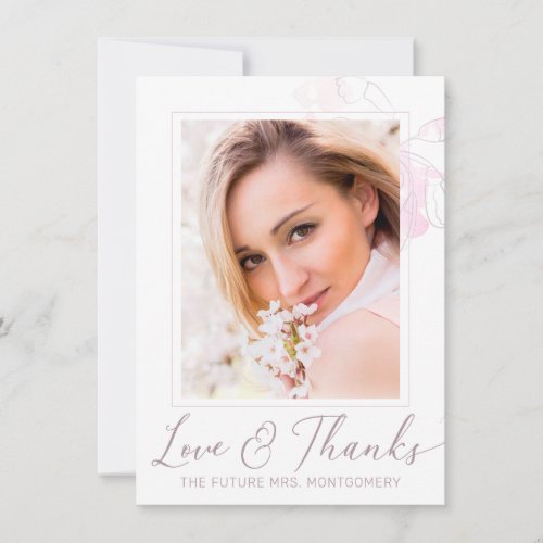 Chic Blush Floral Watercolor Photo Bridal Shower Thank You Card