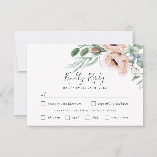 Chic Blush Floral Wedding Meal Choice RSVP Card