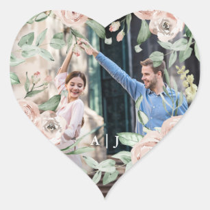 Chic Blush Floral with Monogram Photo Wedding Heart Sticker