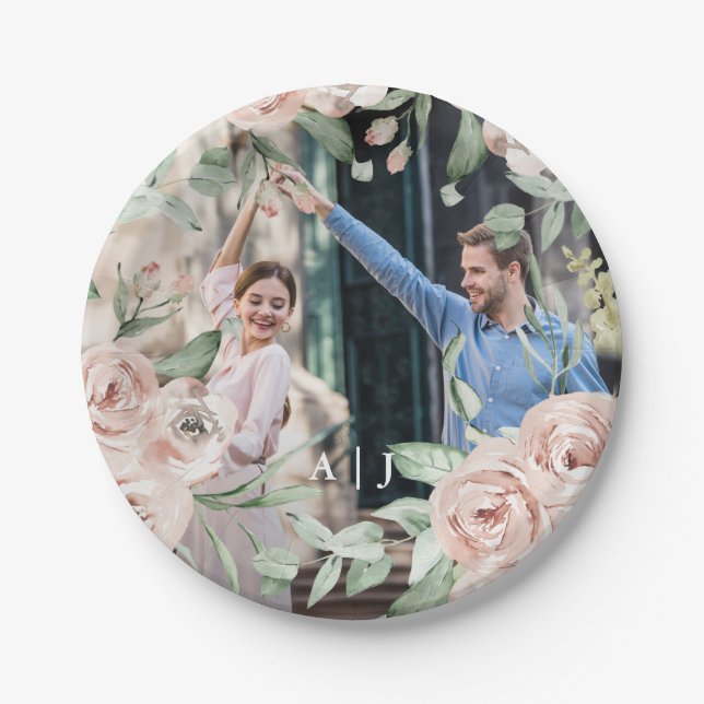 Chic Blush Floral with Monogram Photo Wedding Paper Plates (Front)