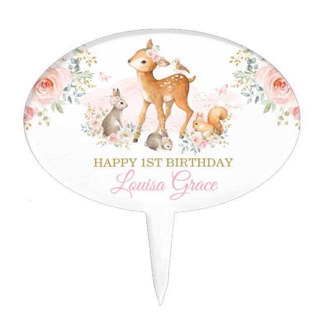 Chic Blush Floral Woodland Animals Happy Birthday Cake Topper (Front)
