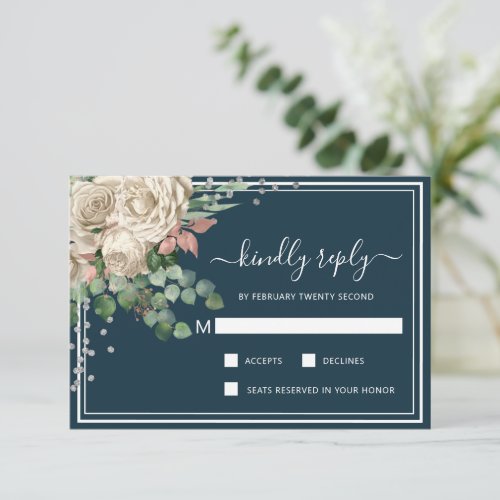 Chic Blush Florals  Eucalyptus Navy Wedding RSVP Card