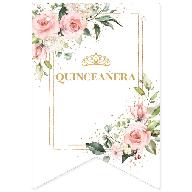 Chic blush flowers eucalyptus gold 15th Birthday Bunting Flags (Sixth Flag)